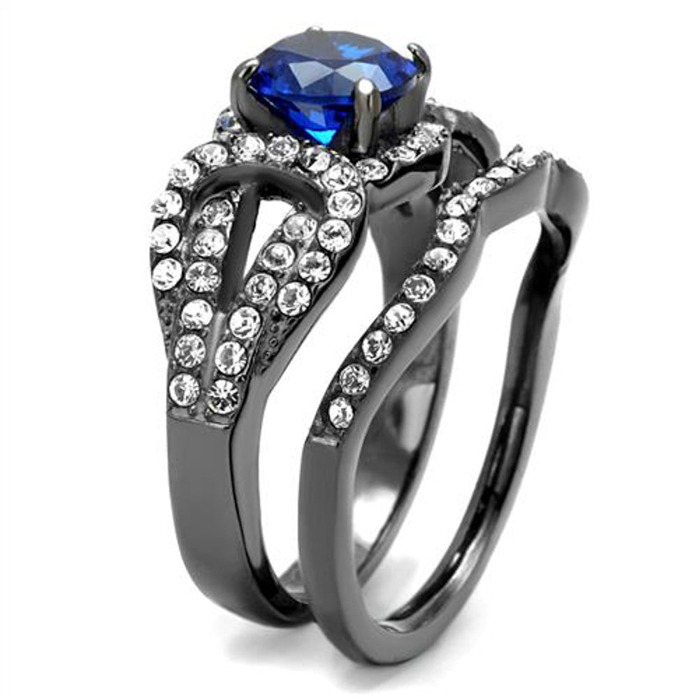 ARTK2740 Womens London Blue Synthetic Spinel Light Black Stainless Steel Wedding Ring Set